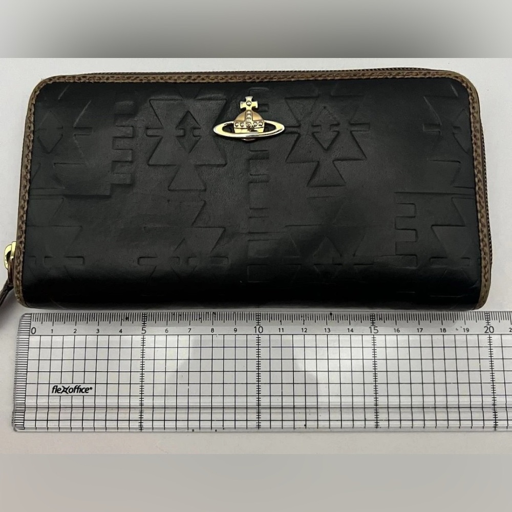 Vivienne Westwood Embossed Black Long Wallet Zip Around Gold Orb w/ Brown rimmed - Picture 13 of 15